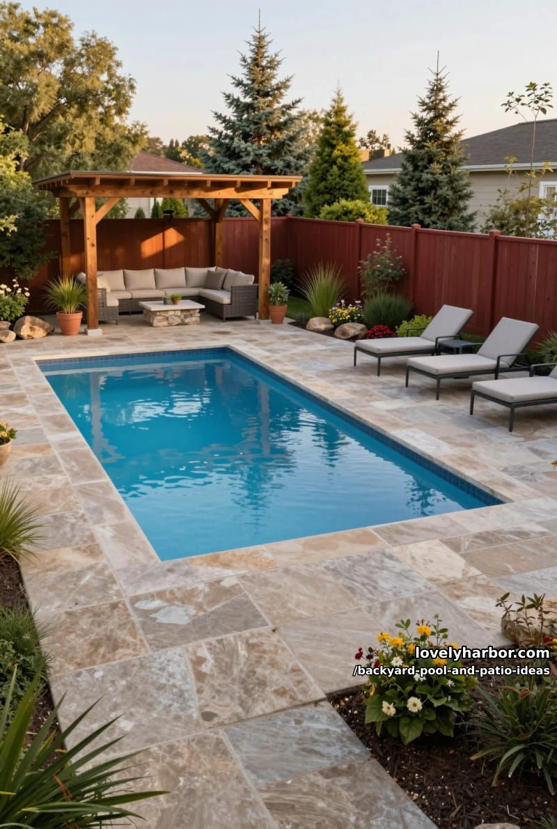 rectangular pool with wooden pergola, outdoor sofa, landscaped gardens, and privacy fence. 1