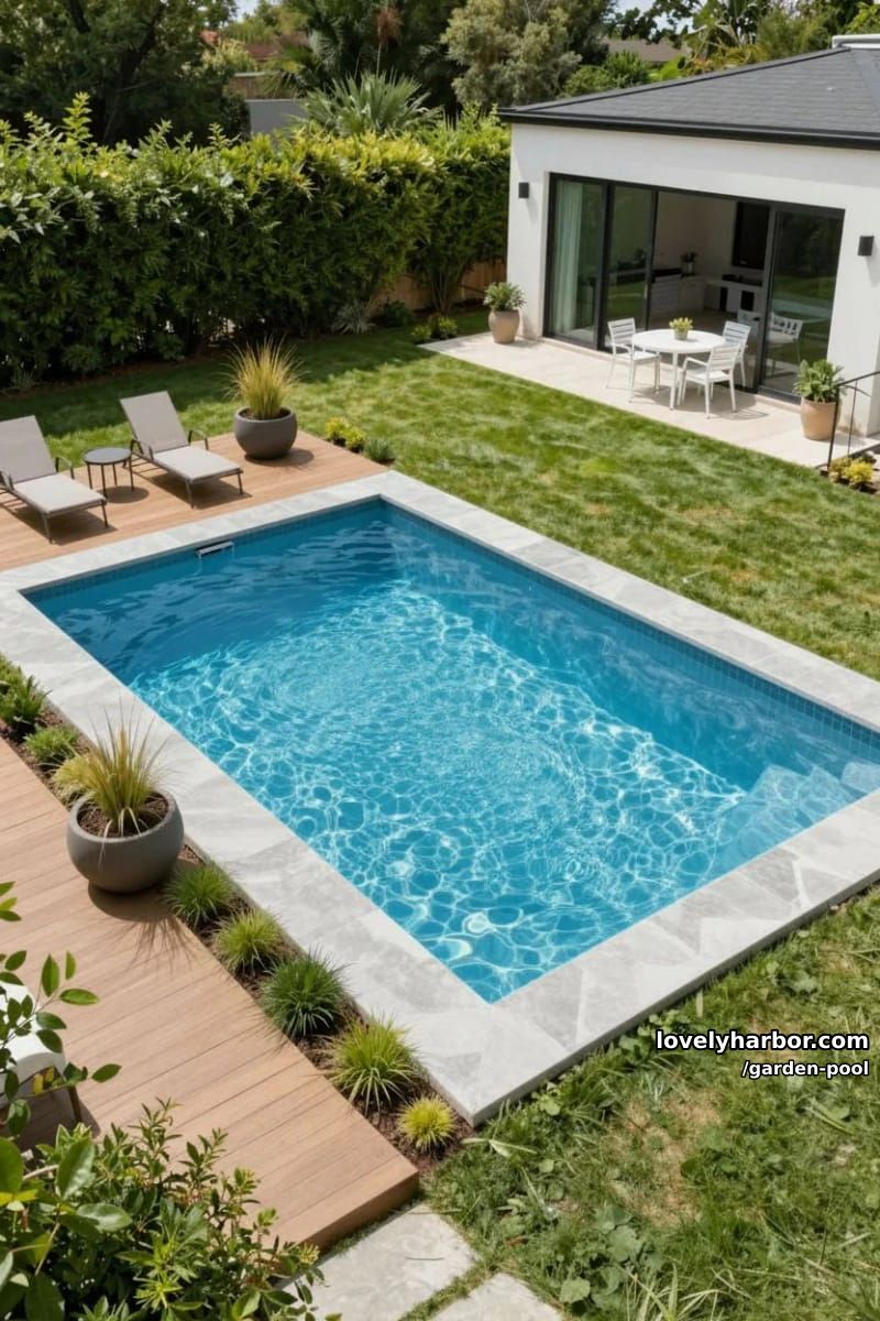 rectangular pool, wooden deck, modern pool house, manicured lawn. 1