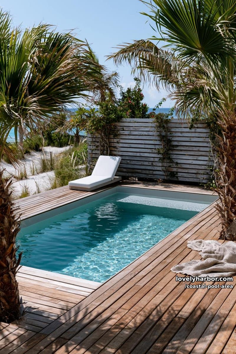 20 Unique Coastal Pool Area to Inspire Your Backyard 3 rectangular pool, wooden deck, privacy fence, single lounge chair, palm trees 1
