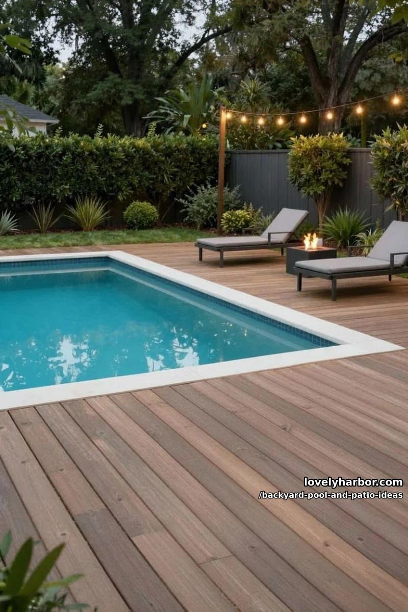 rectangular pool, wooden deck, square fire pit, string lights, manicured shrubs, private setting. 1