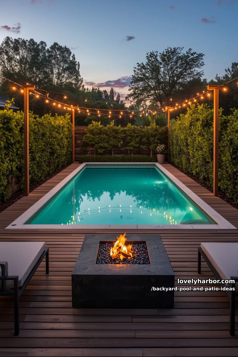 rectangular pool, wooden deck, square fire pit, string lights, manicured shrubs, private setting. 1