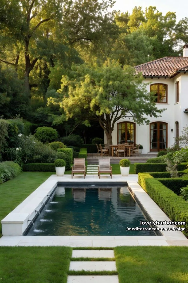 rectangular reflective pool, water spouts, manicured yard, and white brick wall. 1