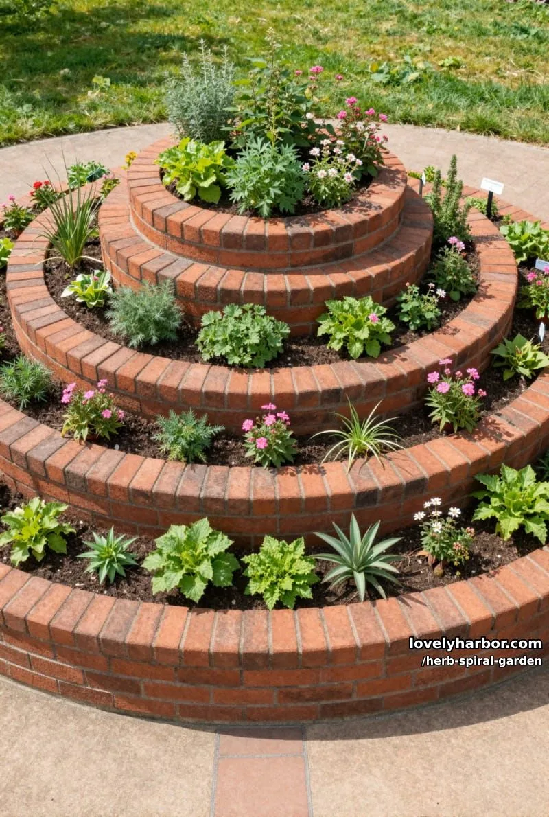 20 Unique Herb Spiral Garden Designs for Modern Yards 26 reddish-brown brick spiral garden with herbs and flowers. 1