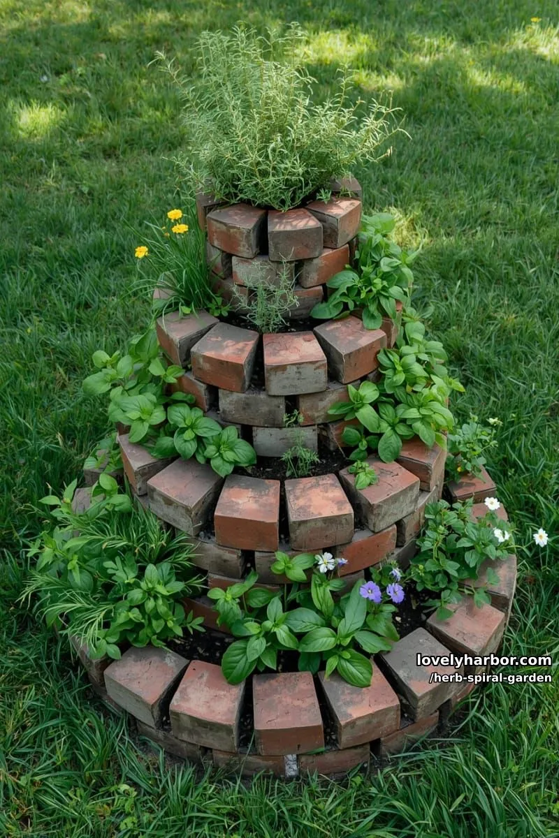 20 Unique Herb Spiral Garden Designs for Modern Yards 27 reddish-brown brick spiral garden with herbs and flowers. 1