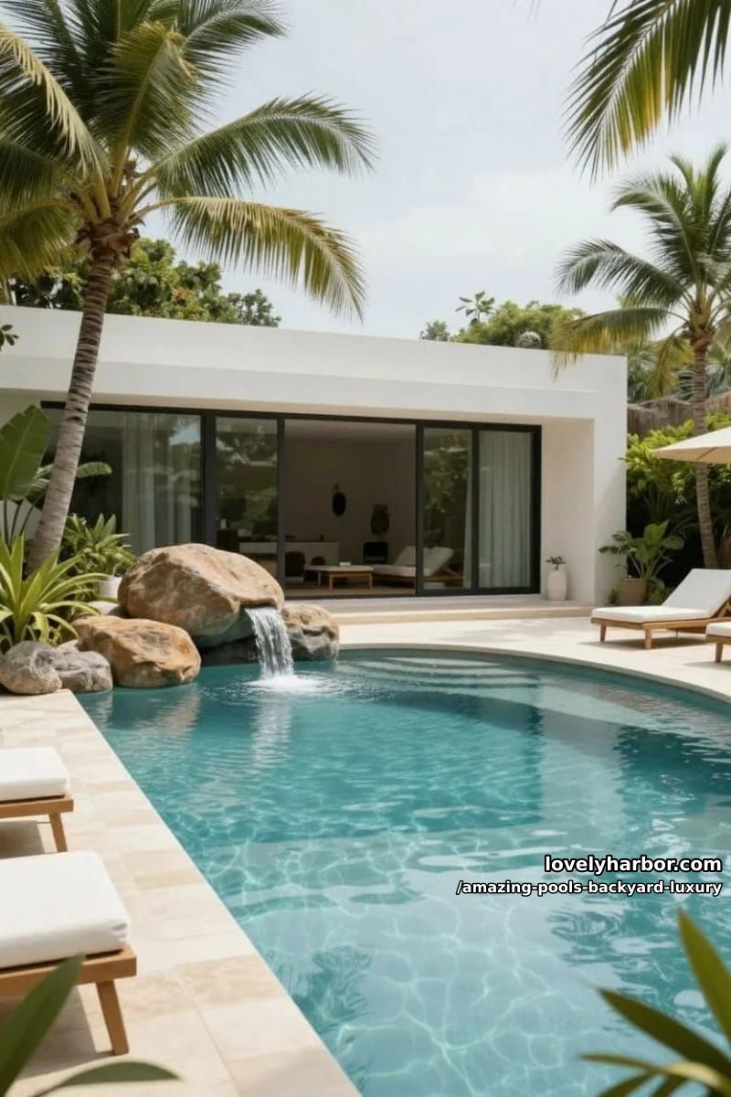 resort-style freeform pool, beach entry, rock waterfall, palm trees, minimalist house. 1