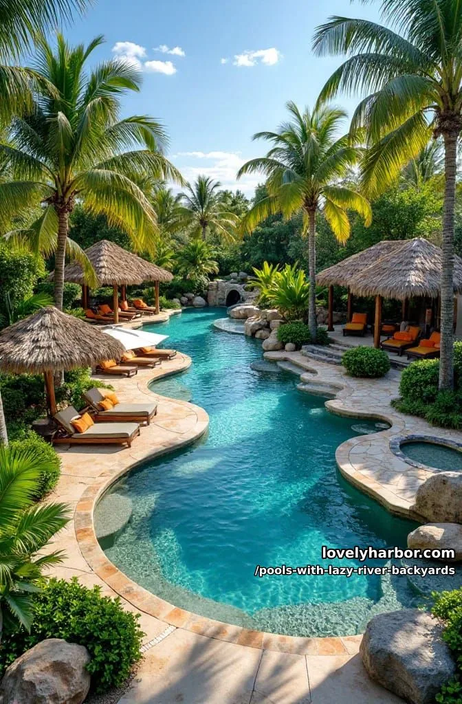 19 Pools with Lazy Rivers for Stunning Backyards 1 resort-style lagoon pool with lazy river and tropical landscaping. 1