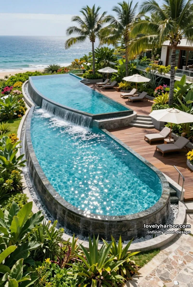 19 Charming Infinity Pool Designs You'll Love 19 resort with multi-level curved pools, wooden decks, and tropical greenery. 1