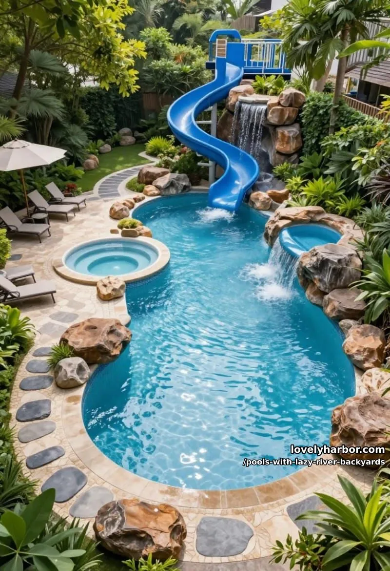 19 Pools with Lazy Rivers for Stunning Backyards 17 rock-bordered pool with hot tub, spiral waterslide, waterfalls, and privacy trees. 1