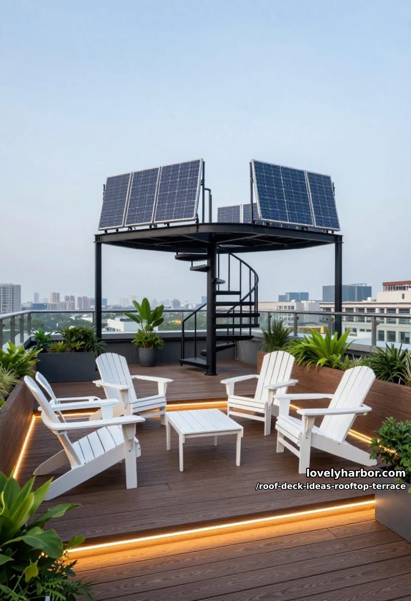 rooftop deck with adirondack chairs, spiral staircase, solar panels, and built-in lighting. 1