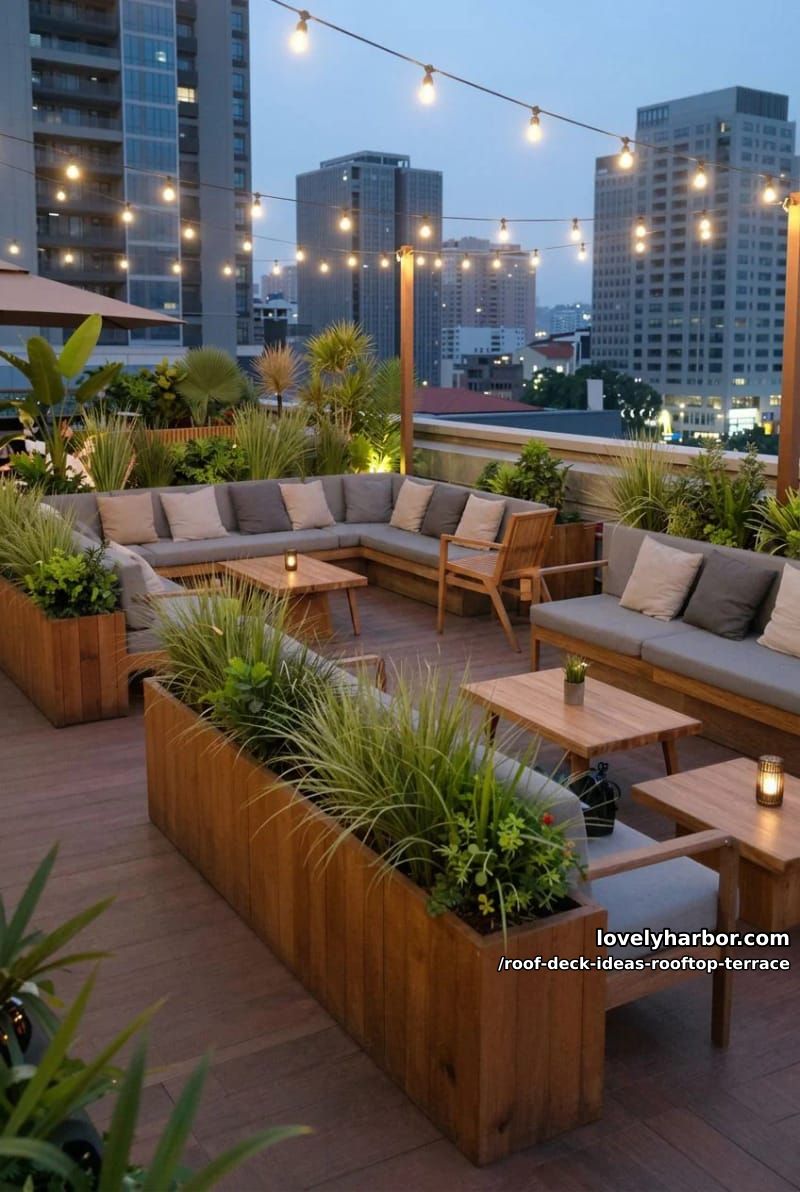 rooftop lounge at dusk with string lights, sectional sofas, planters, and city skyline. 1
