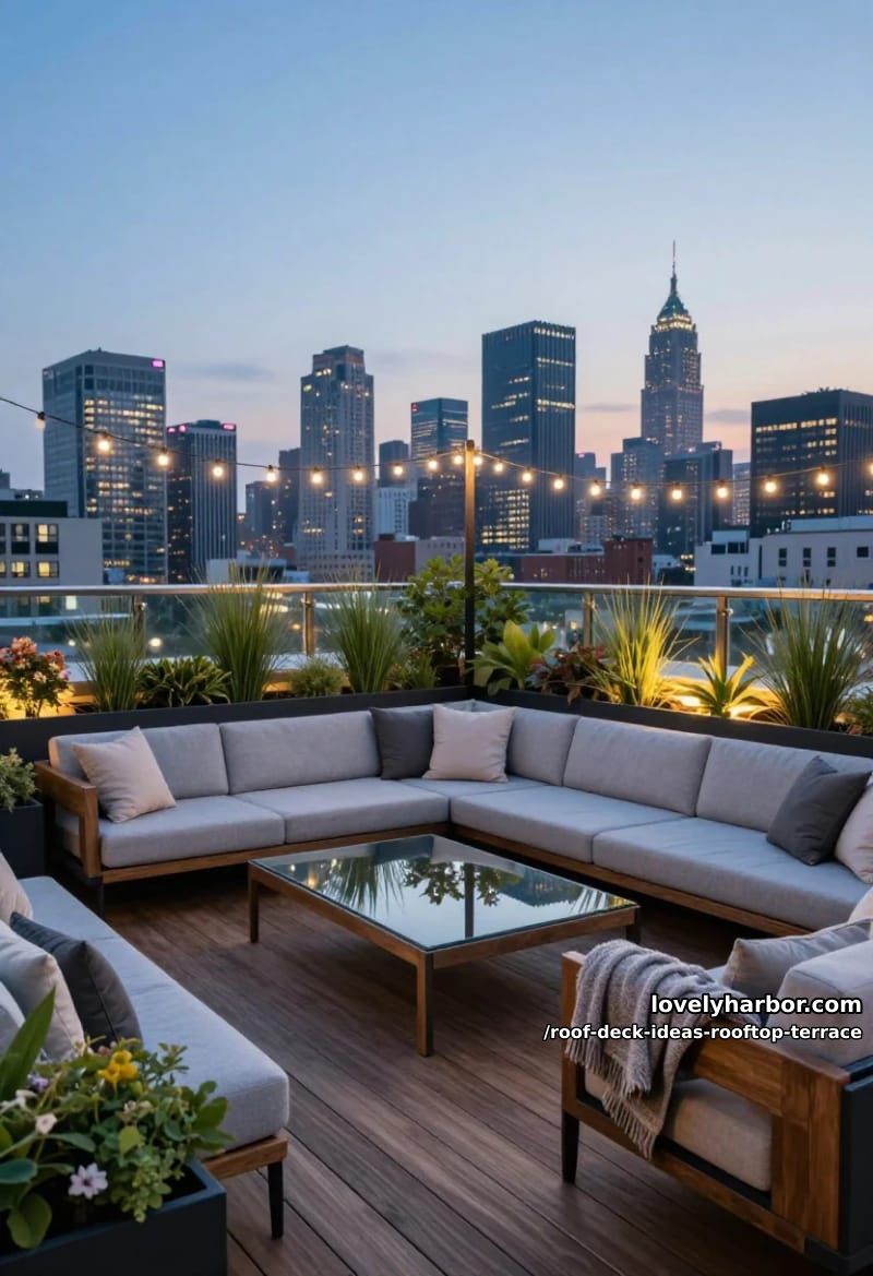 rooftop lounge at dusk with string lights, sectional sofas, planters, and city skyline. 1
