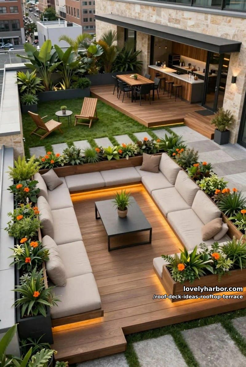 rooftop with sunken deck seating, planters, grass area, dining, and outdoor kitchen. 1