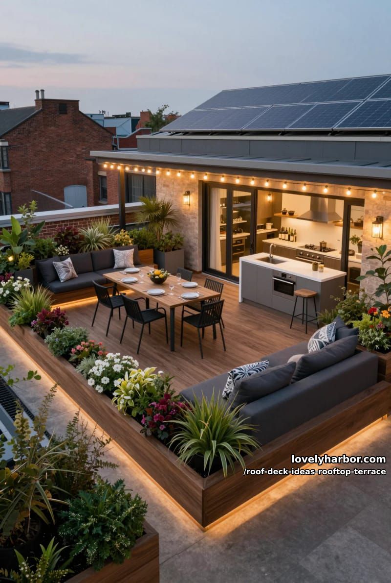 rooftop with wooden deck, dining area, lounge, string lights, and solar panels. 1