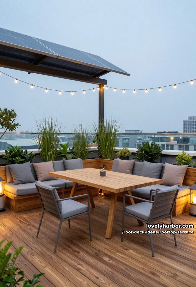 rooftop with wooden deck, dining area, lounge, string lights, and solar panels. 1