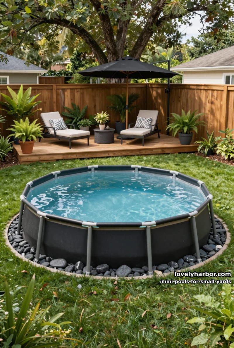round black above-ground pool, black stones, wooden deck, and lush greenery. 1