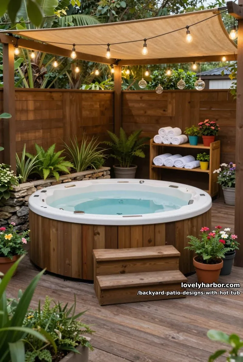 20 Dreamy Backyard Patios with Hot Tubs to Inspire 18 round hot tub, wooden deck, string lights, storage shelf, and spa vibe. 1