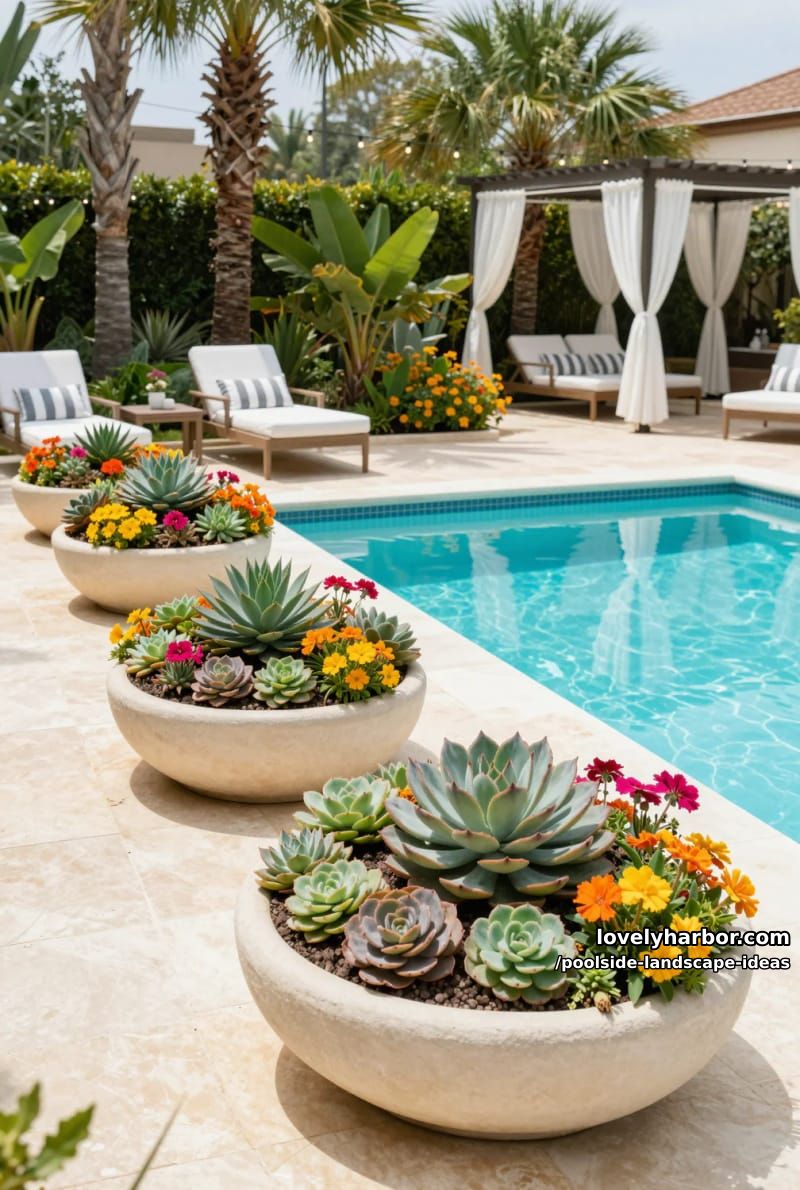 round planters with succulents and bright flowers on pale stone patio. 1