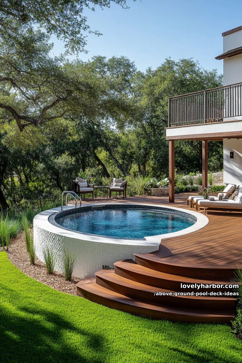round pool with partial wraparound deck, wooden railings, and lounge chairs. 1