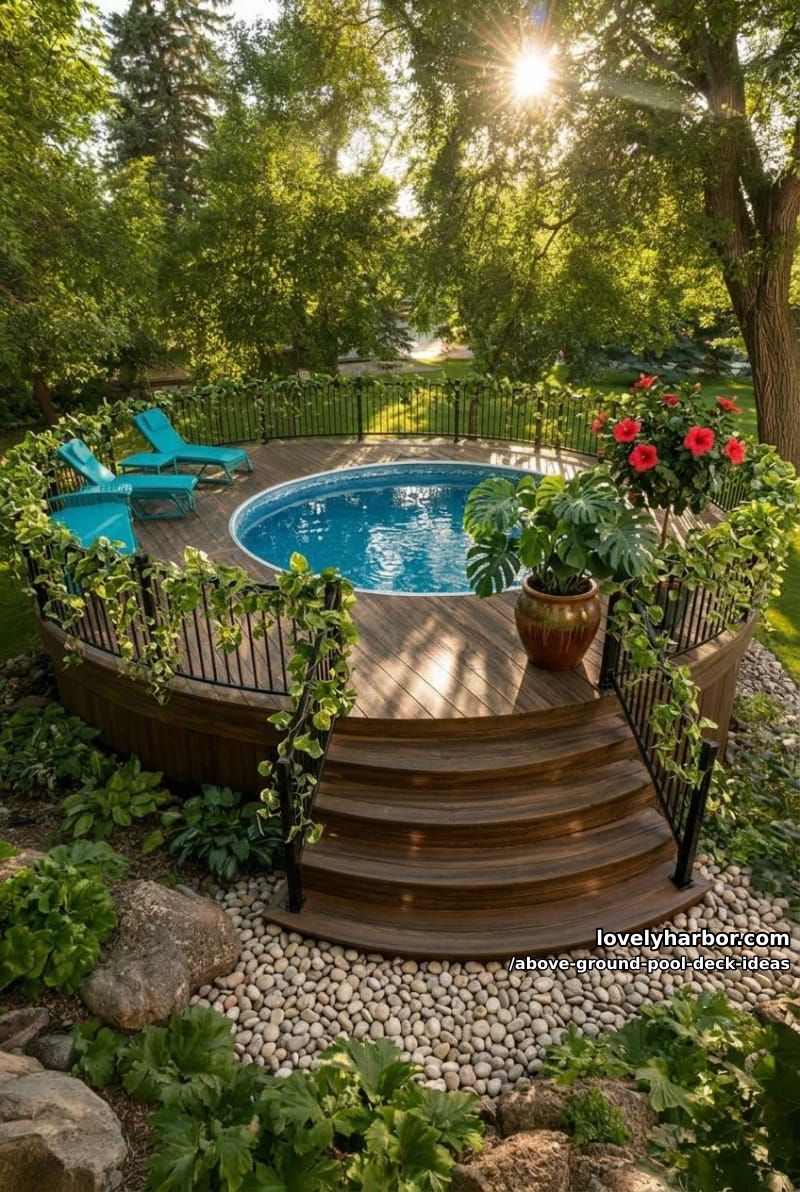 round pool with wooden deck, turquoise lounge chairs, and tropical accents. 1