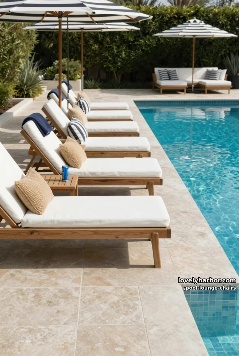 row of wooden lounge chairs with striped pillows, blue towels, and umbrellas. 1