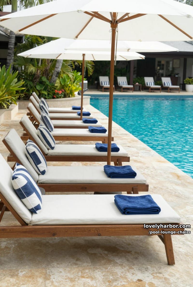 row of wooden lounge chairs with striped pillows, blue towels, and umbrellas. 1