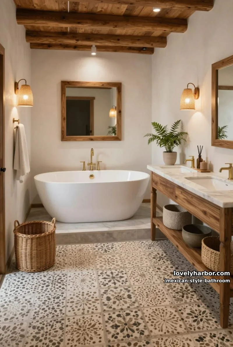 rustic bathroom with freestanding tub, patterned floor tiles, and wooden vanity. 1