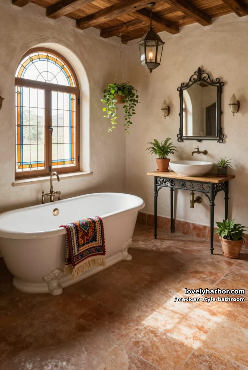 24 Mexican Style Bathrooms with Artistic Beauty 21 rustic bathroom with terracotta tiles, stained glass windows, and clawfoot tub. 1