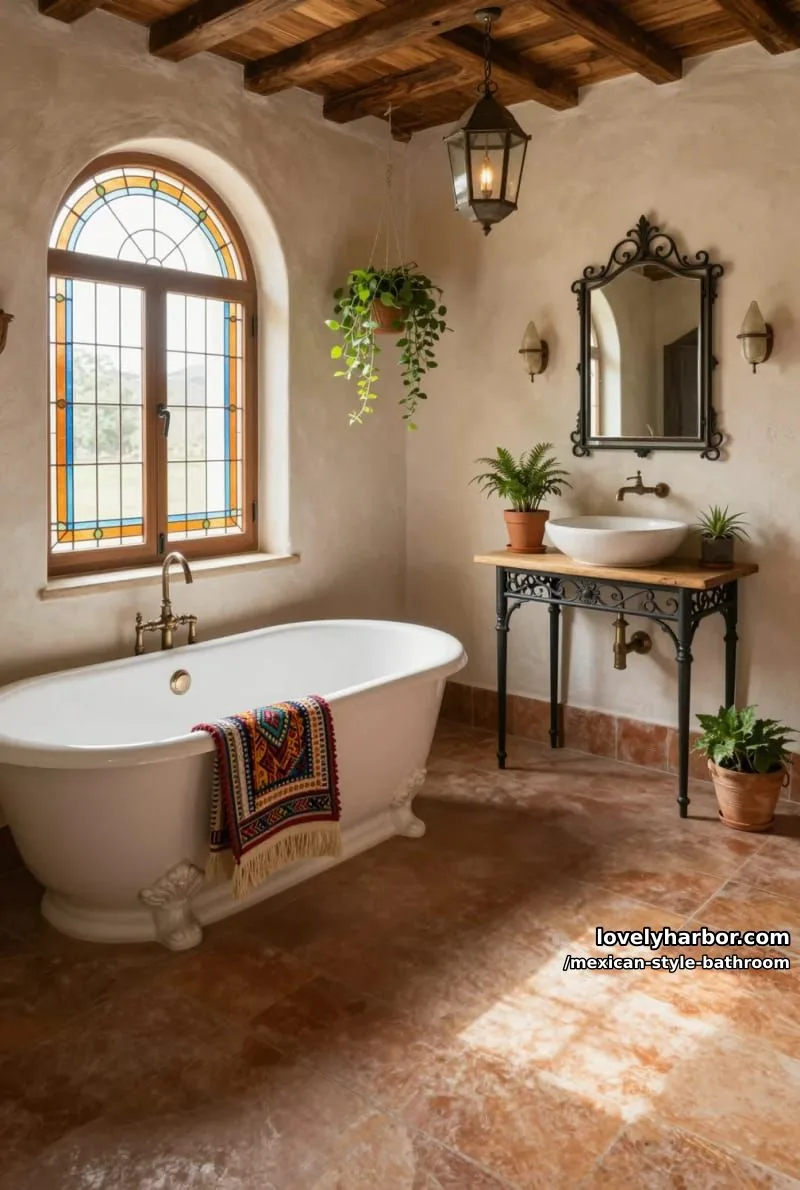 rustic bathroom with terracotta tiles, stained glass windows, and clawfoot tub. 1