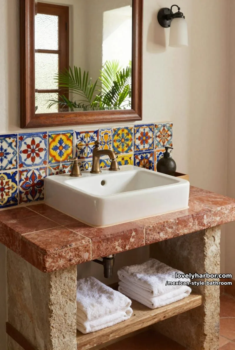rustic bathroom with white vessel sink, talavera tiles, and reddish stone countertop. 1