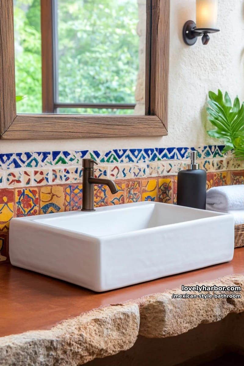 24 Mexican Style Bathrooms with Artistic Beauty 31 rustic bathroom with white vessel sink, talavera tiles, and reddish stone countertop. 1
