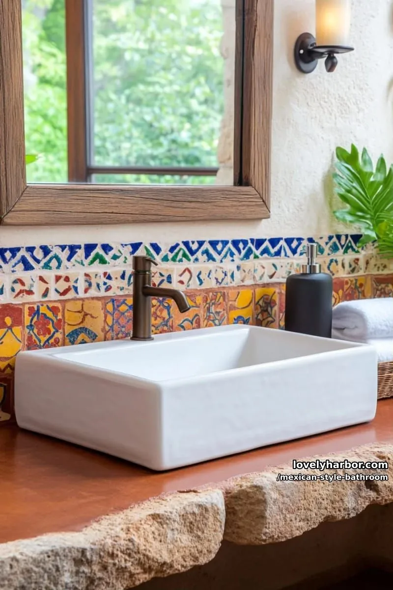 rustic bathroom with white vessel sink, talavera tiles, and reddish stone countertop. 1