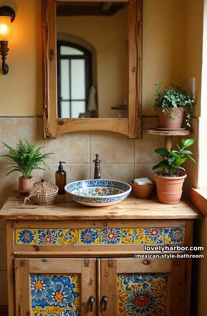 rustic bathroom with wood vanity, colorful hand-painted tiles, and folk art sink. 1