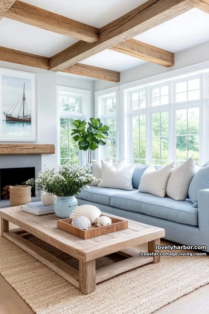rustic beams, gray wood walls, pale blue sofa, and farmhouse-inspired decor. 1