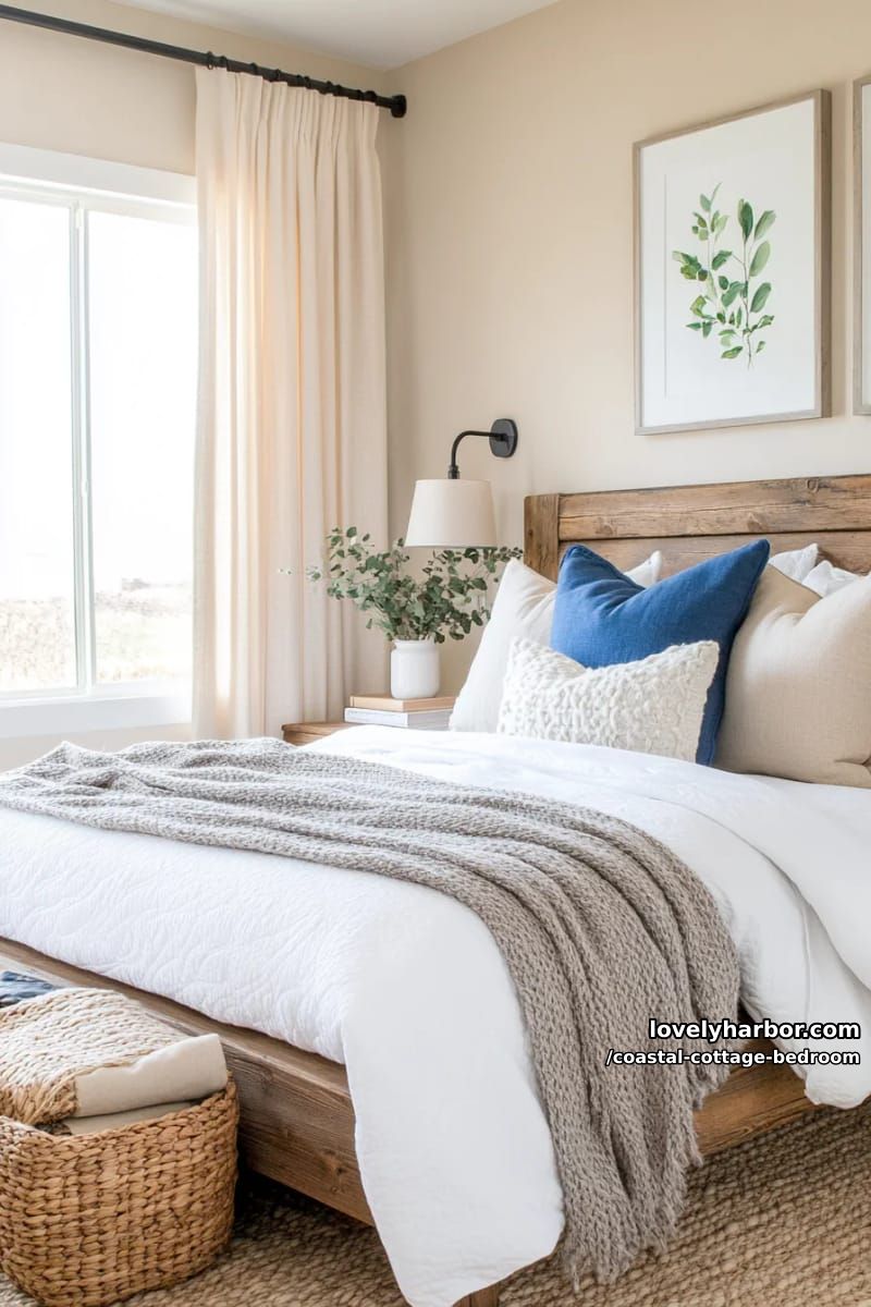 rustic bedroom corner with wooden headboard, white bedding, and natural light. 1