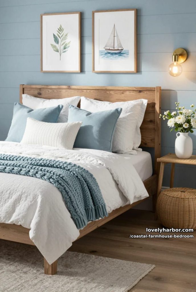 rustic bedroom with blue shiplap, botanical and nautical art, and knit throw. 17