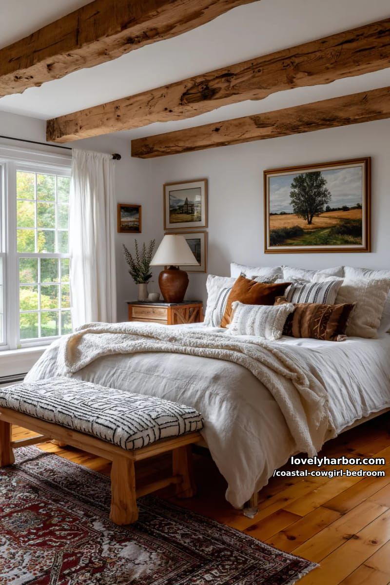 rustic bedroom with exposed beams, cream bedding, ornate rug, landscape paintings. 1