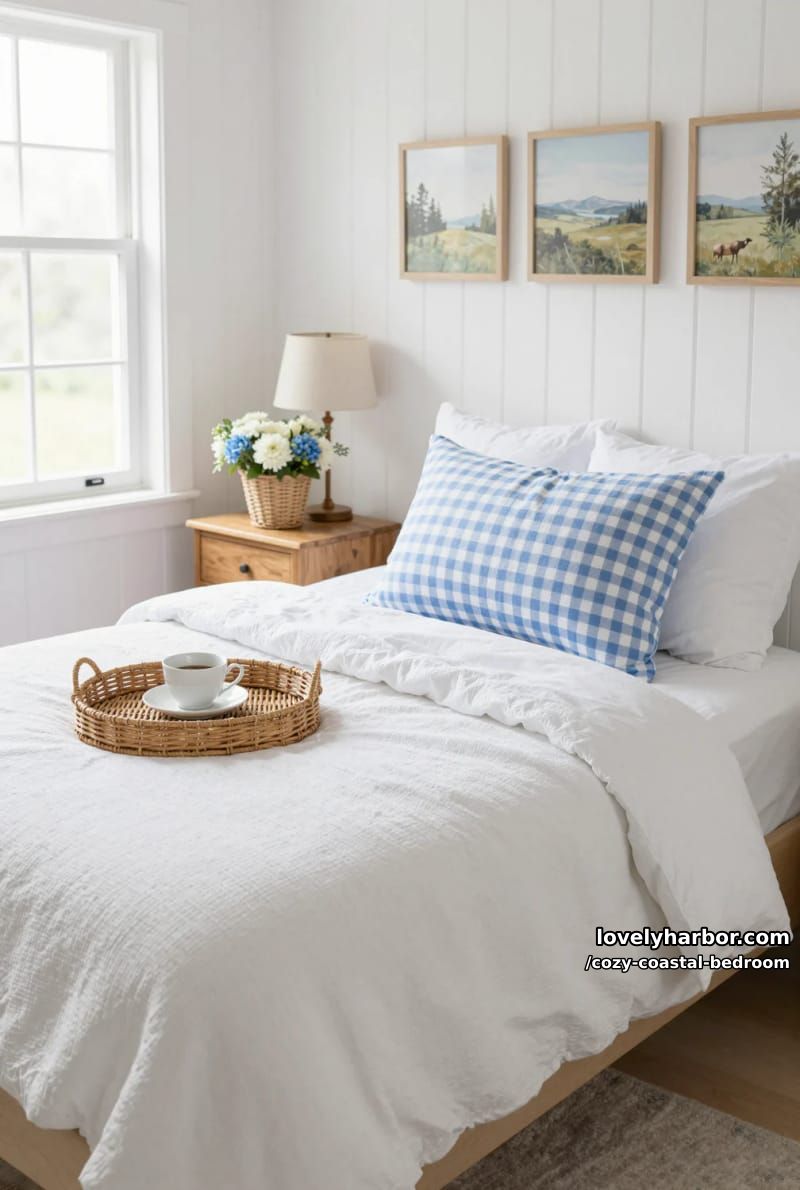 20 Dreamy Coastal Bedrooms for a Serene Retreat 18 rustic bedroom with white quilt, gingham pillow, and wicker tray 1