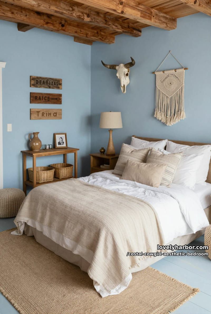 rustic blue bedroom with exposed beams, steer skull, woven rugs, and jute pouf 1