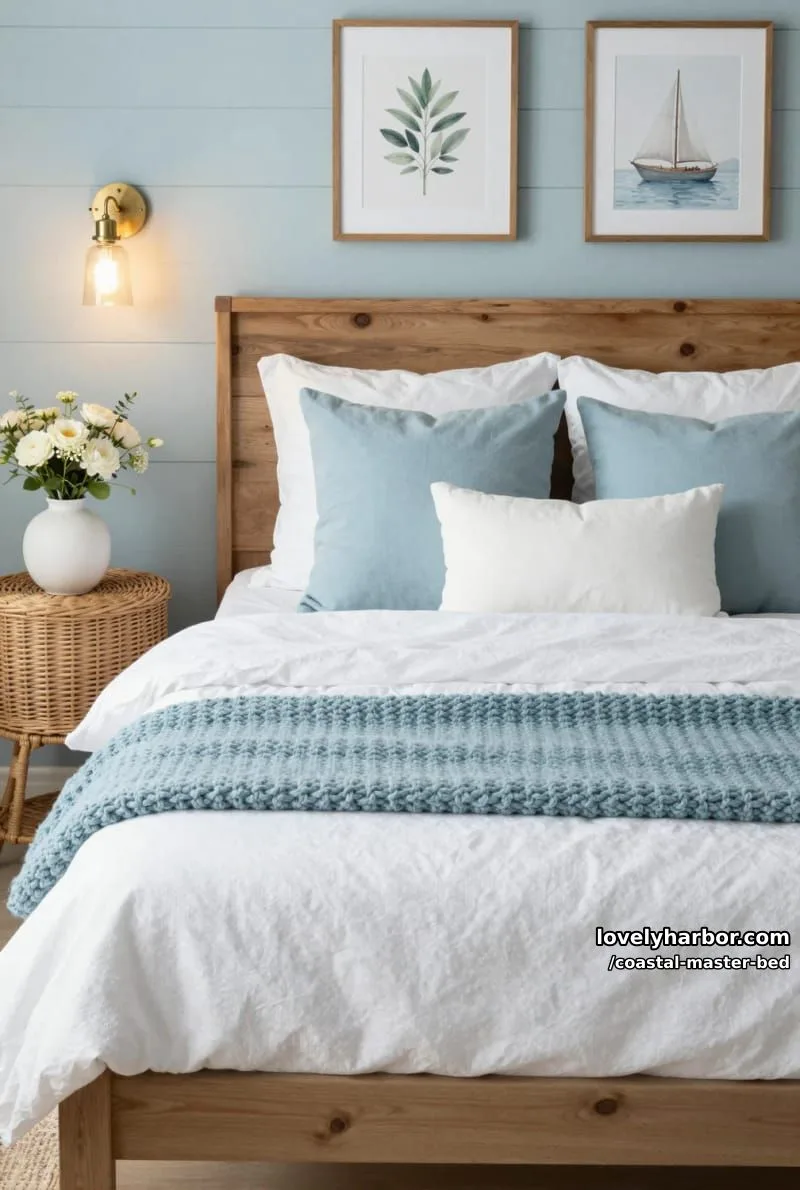 20 Coastal Master Bedrooms with Serene Vibes 8 rustic coastal bedroom with wooden headboard, blue shiplap, and soft lighting. 1