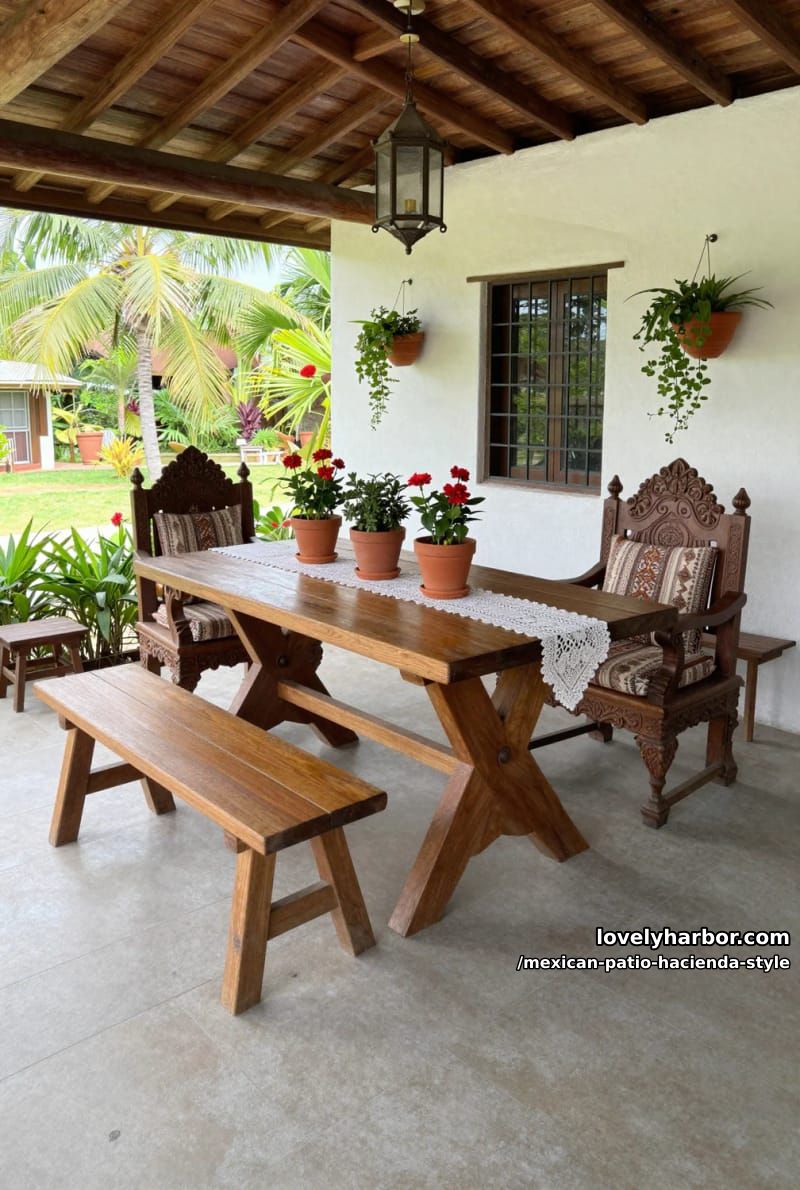 rustic covered porch with wooden table, terracotta planters, and lush garden view. 1