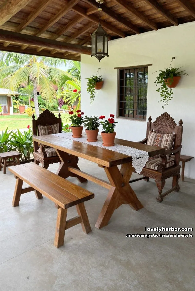22 Mexican Hacienda-Style Patios That Look Stunning 10 rustic covered porch with wooden table, terracotta planters, and lush garden view. 1