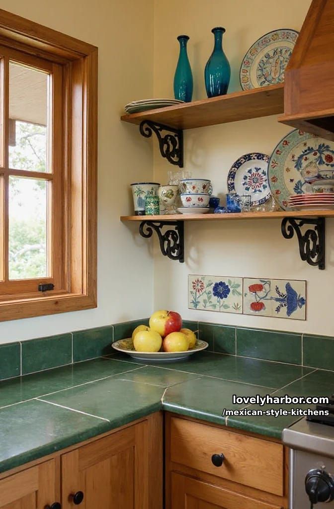 14 Mexican Style Kitchens You'll Want to Copy 21 rustic kitchen corner with green tile countertop, wooden shelves, and decorative ceramics. 1