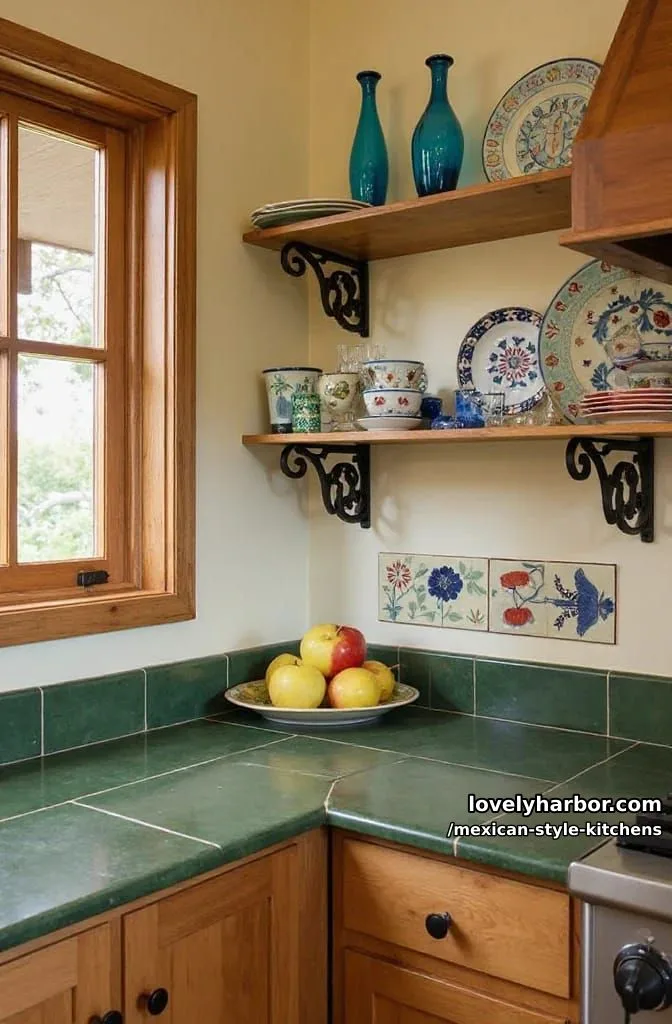 14 Mexican Style Kitchens You'll Want to Copy 20 rustic kitchen corner with green tile countertop, wooden shelves, and decorative ceramics. 1