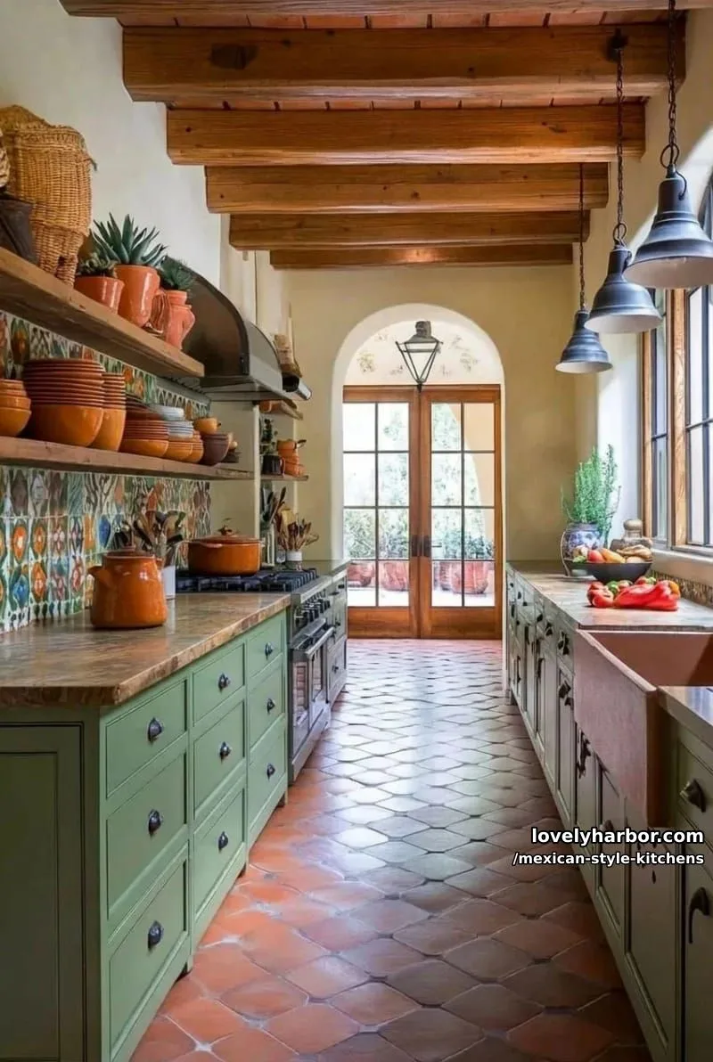 14 Mexican Style Kitchens You'll Want to Copy 16 rustic kitchen with olive green cabinets, stone countertops, and hexagonal terracotta floor tiles. 1