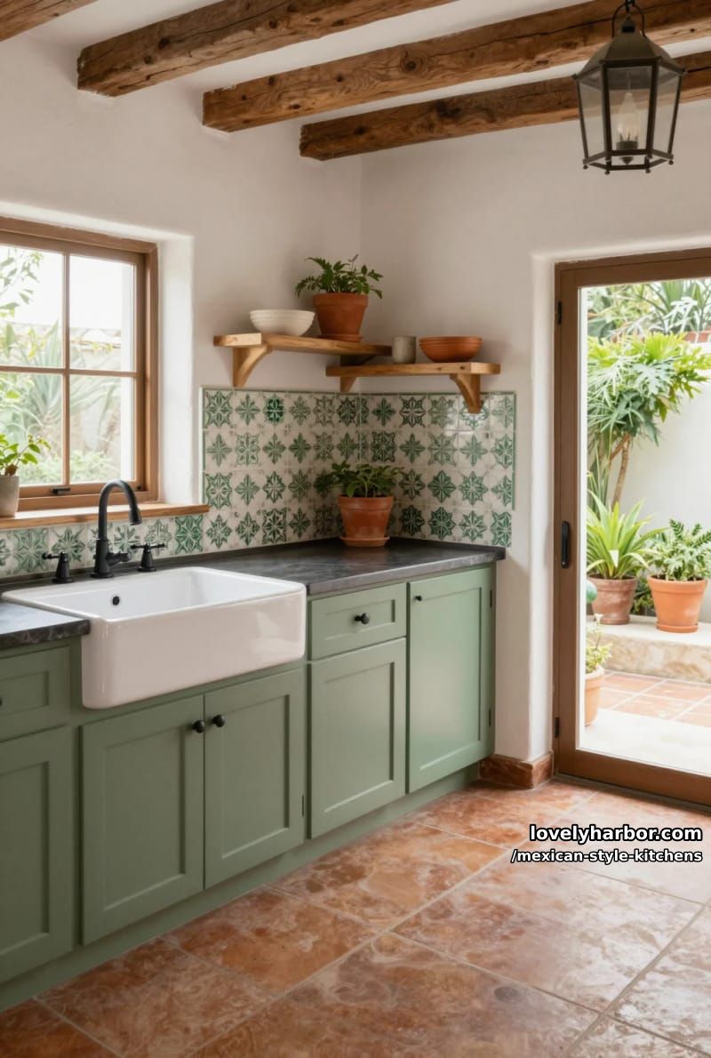 14 Mexican Style Kitchens You'll Want to Copy 16 rustic kitchen with sage green cabinets, farmhouse sink, and green and white tile. 1