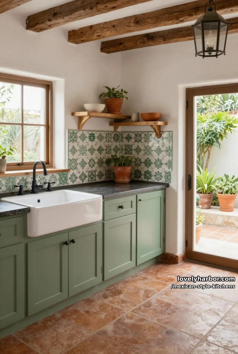 14 Mexican Style Kitchens You'll Want to Copy 15 rustic kitchen with sage green cabinets, farmhouse sink, and green and white tile. 1