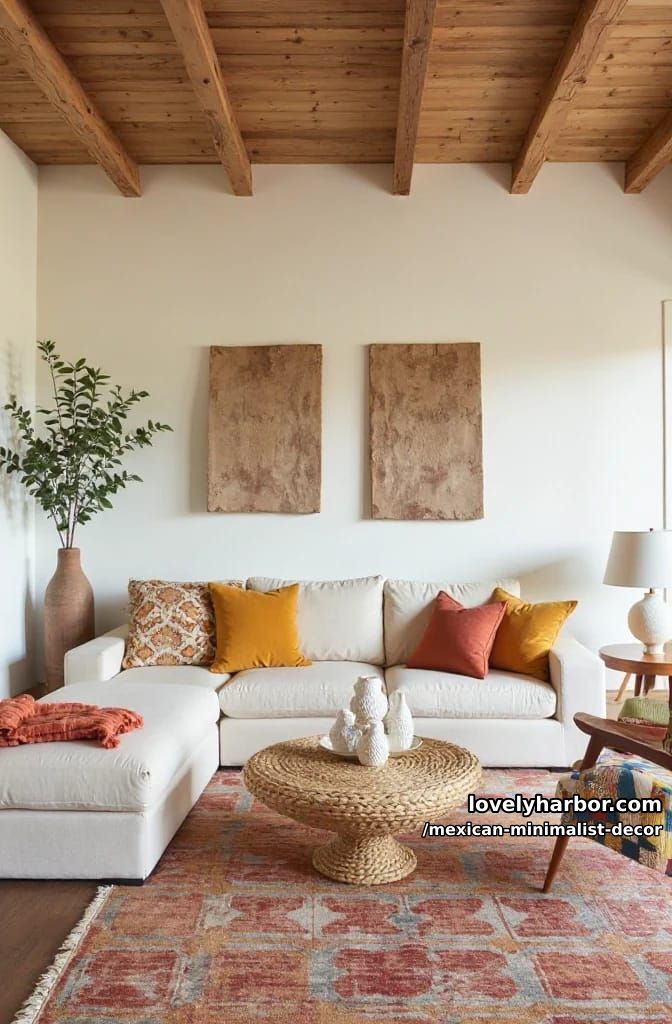 15 Minimalist Mexican Decor to Try Now 3 rustic living room with exposed beams, white walls, and terracotta accents. 1