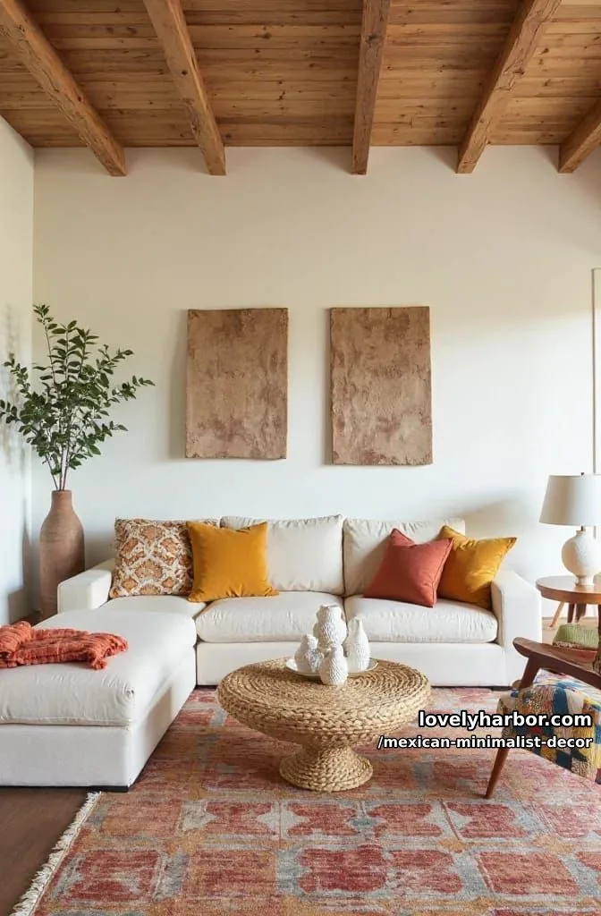 rustic living room with exposed beams, white walls, and terracotta accents. 1