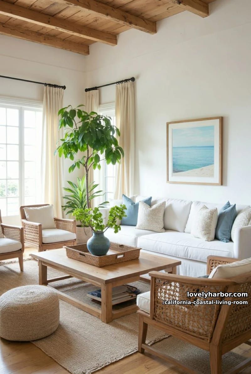 rustic living room with white sofa, rattan chairs, wood beams, and greenery. 1
