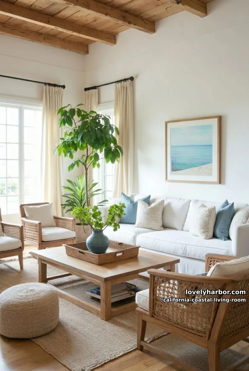rustic living room with white sofa, rattan chairs, wood beams, and greenery. 1